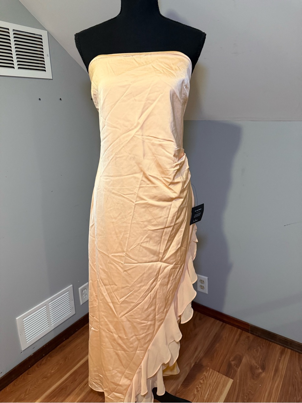 Lulus Strapless yellow satin Ruffle-Hem Maxi Dress